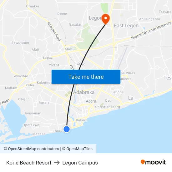 Korle Beach Resort to Legon Campus map