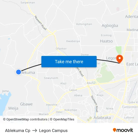 Ablekuma Cp to Legon Campus map