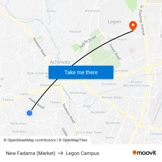 New Fadama (Market) to Legon Campus map