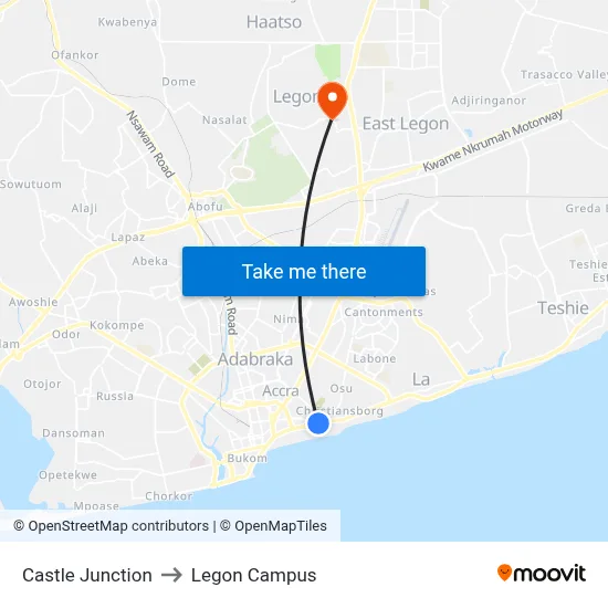 Castle Junction to Legon Campus map