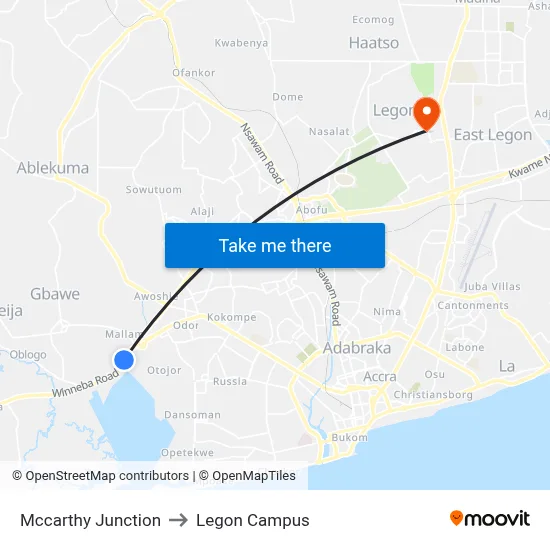 Mccarthy Junction to Legon Campus map