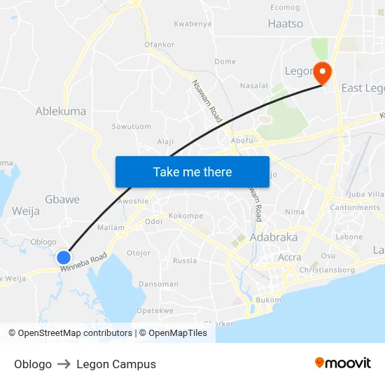 Oblogo to Legon Campus map