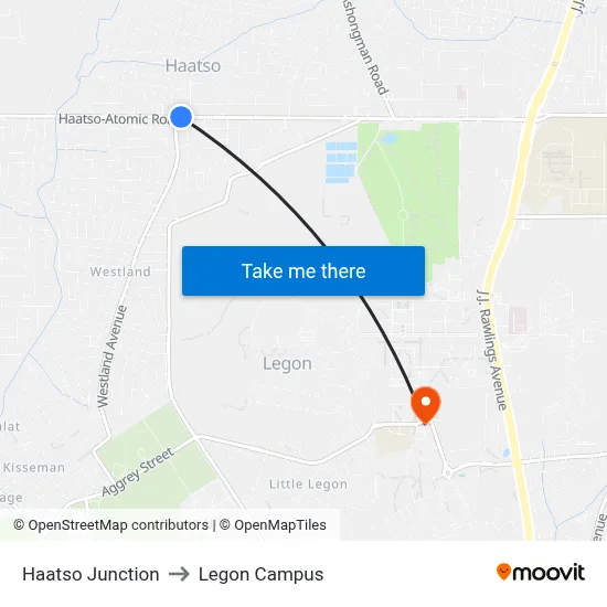 Haatso Junction to Legon Campus map