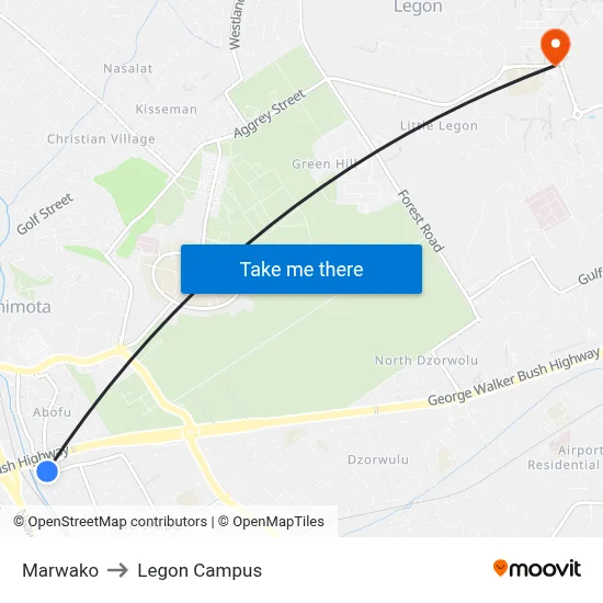 Marwako to Legon Campus map