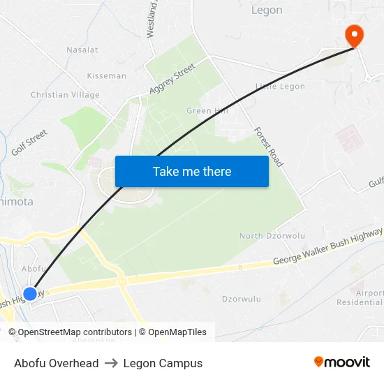 Abofu Overhead to Legon Campus map
