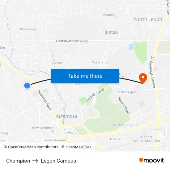 Champion to Legon Campus map