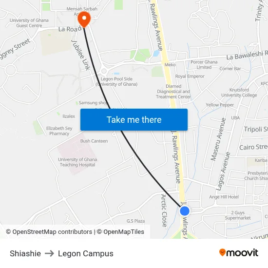 Shiashie to Legon Campus map