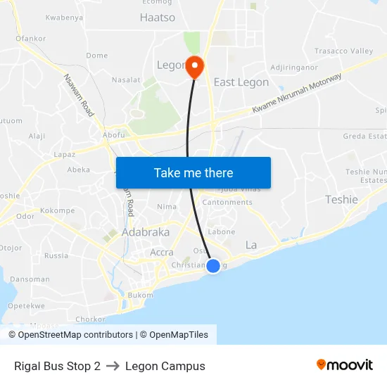 Rigal Bus Stop 2 to Legon Campus map