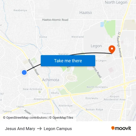 Jesus And Mary to Legon Campus map