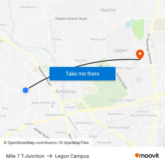 Mile 7 T-Junction to Legon Campus map