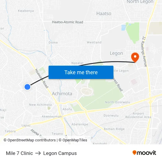 Mile 7 Clinic to Legon Campus map