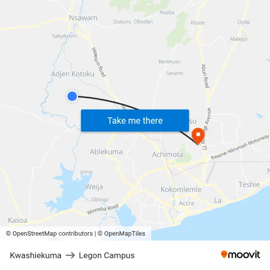 Kwashiekuma to Legon Campus map