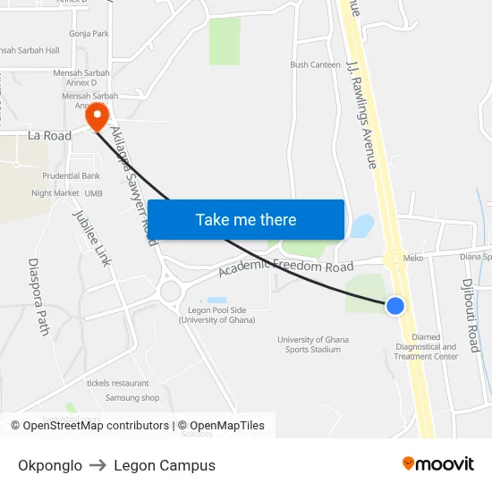 Okponglo to Legon Campus map