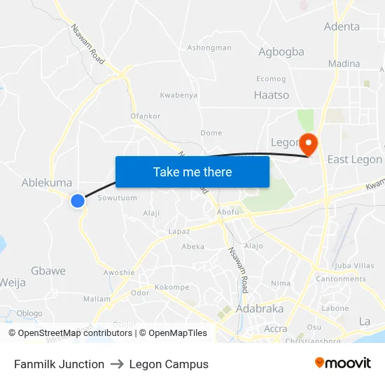 Fanmilk Junction to Legon Campus map