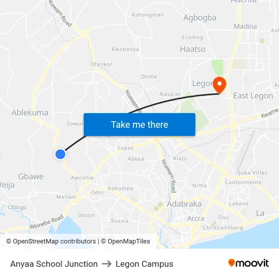 Anyaa School Junction to Legon Campus map