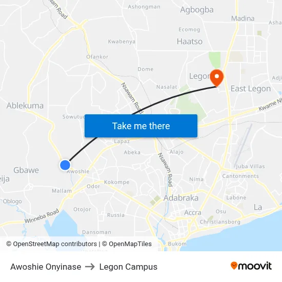 Awoshie Onyinase to Legon Campus map