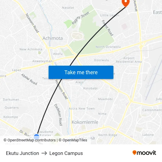 Ekutu Junction to Legon Campus map