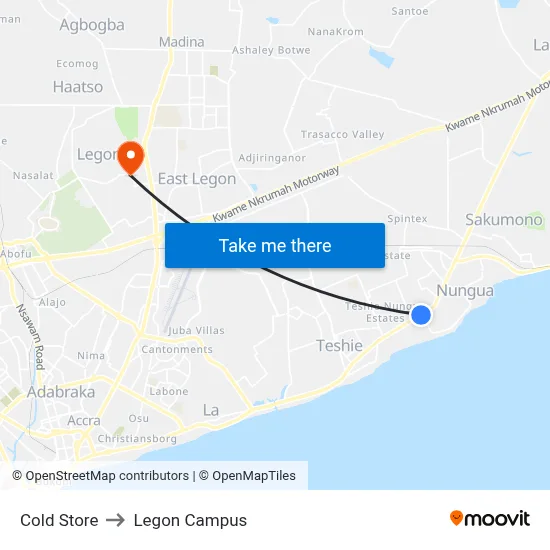 Cold Store to Legon Campus map