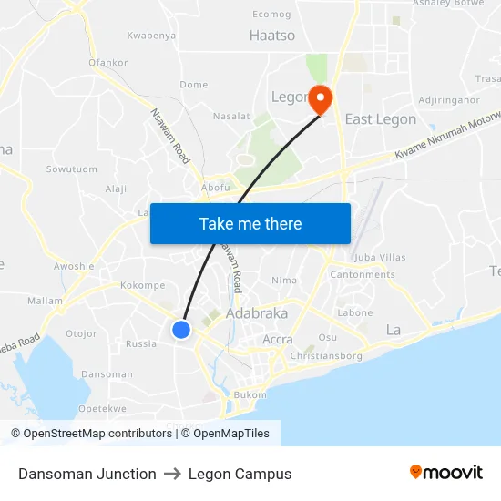 Dansoman Junction to Legon Campus map