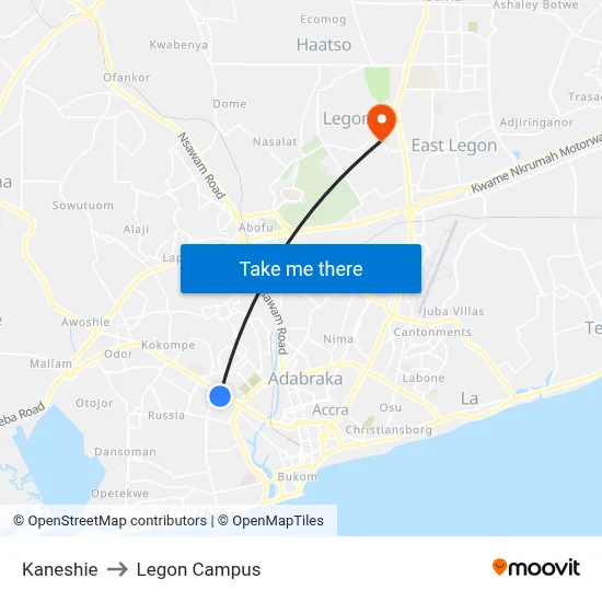 Kaneshie to Legon Campus map