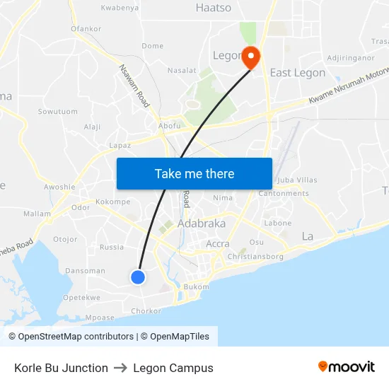 Korle Bu Junction to Legon Campus map