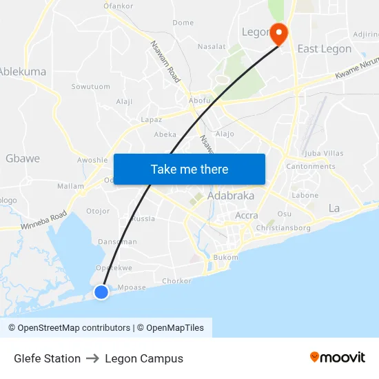 Glefe Station to Legon Campus map