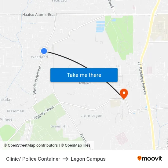 Clinic/ Police Container to Legon Campus map