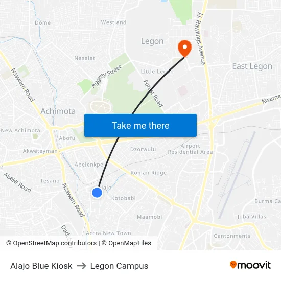 Alajo Blue Kiosk to Legon Campus map