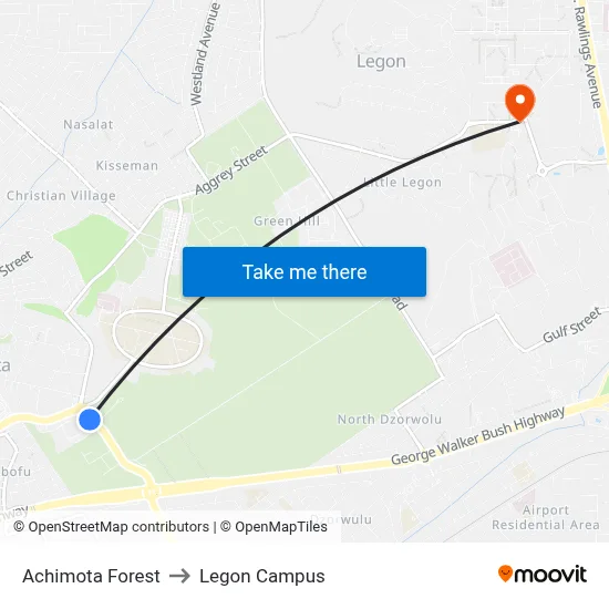 Achimota Forest to Legon Campus map