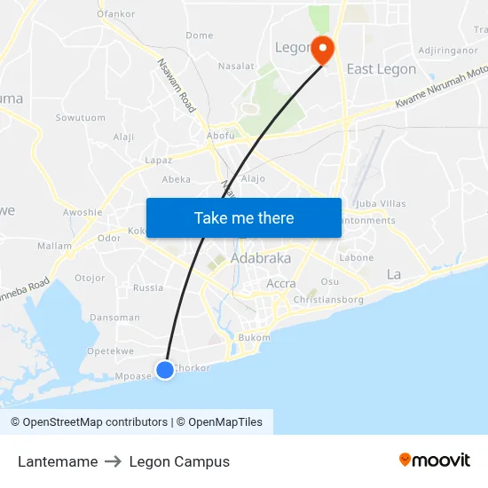 Lantemame to Legon Campus map
