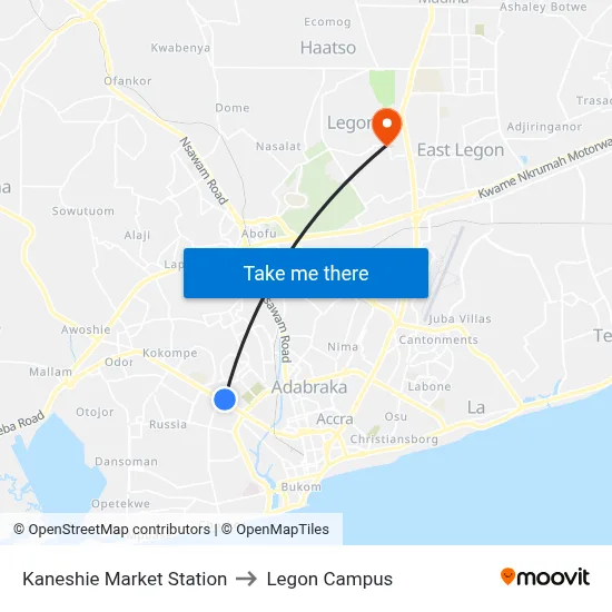 Kaneshie Market Station to Legon Campus map