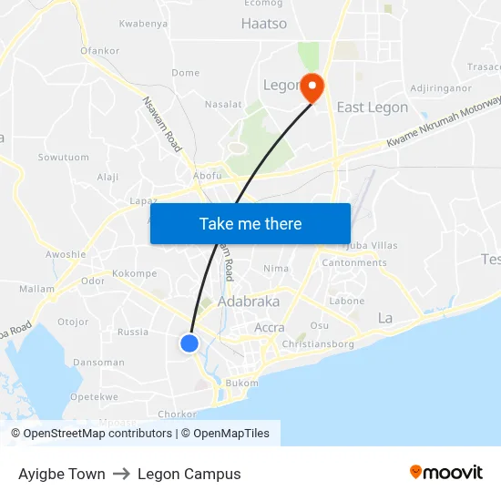 Ayigbe Town to Legon Campus map