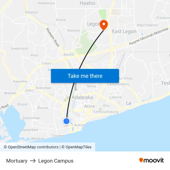 Mortuary to Legon Campus map