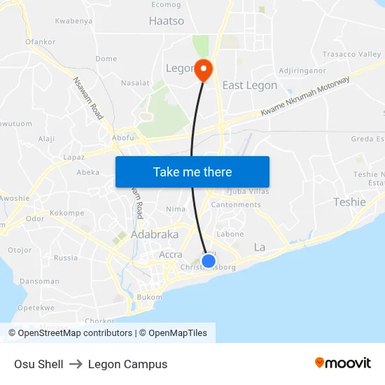Osu Shell to Legon Campus map