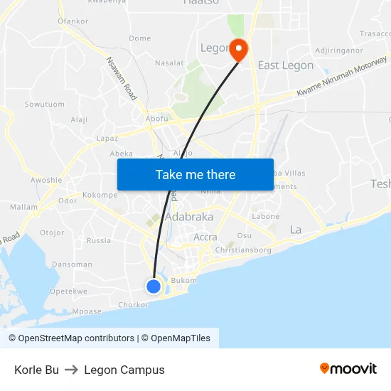 Korle Bu to Legon Campus map