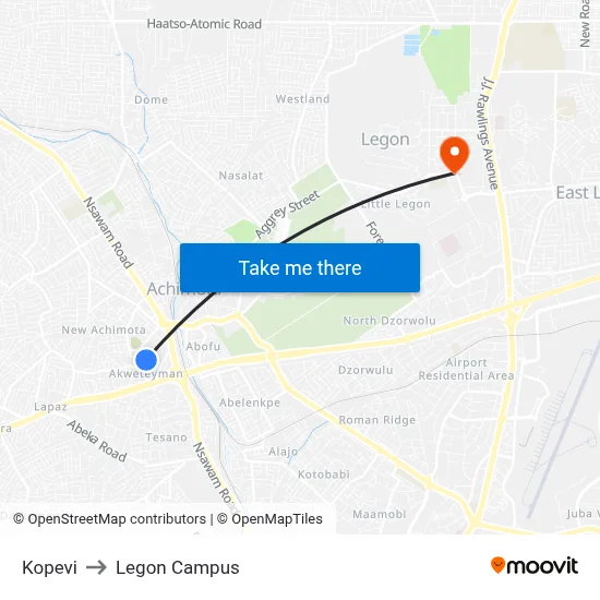 Kopevi to Legon Campus map