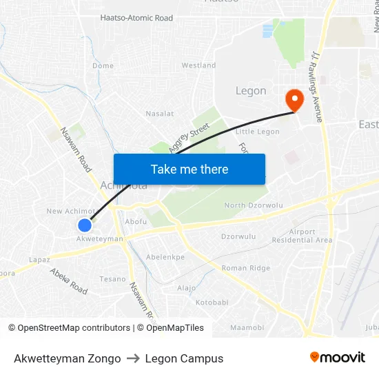 Akwetteyman Zongo to Legon Campus map
