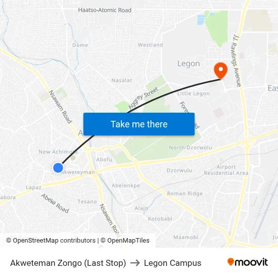 Akweteman Zongo (Last Stop) to Legon Campus map