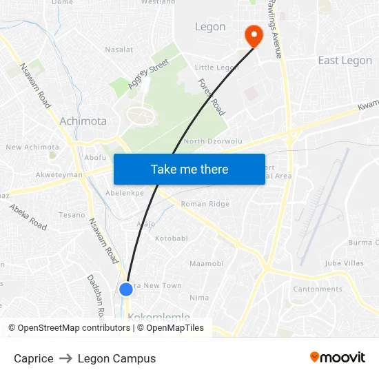 Caprice to Legon Campus map