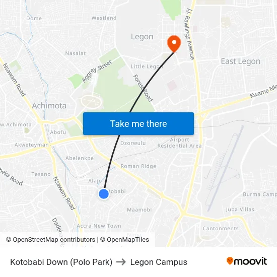 Kotobabi Down (Polo Park) to Legon Campus map