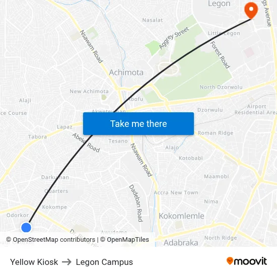 Yellow Kiosk to Legon Campus map
