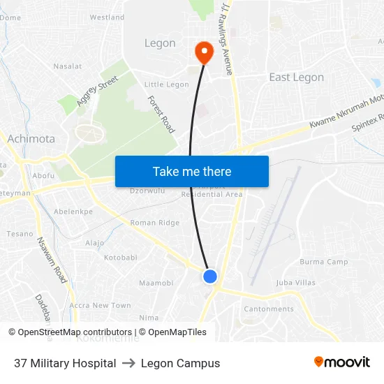 37 Military Hospital to Legon Campus map