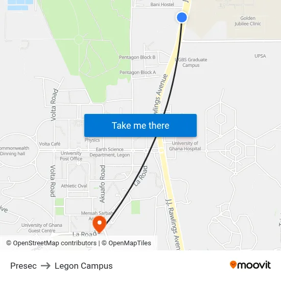 Presec to Legon Campus map