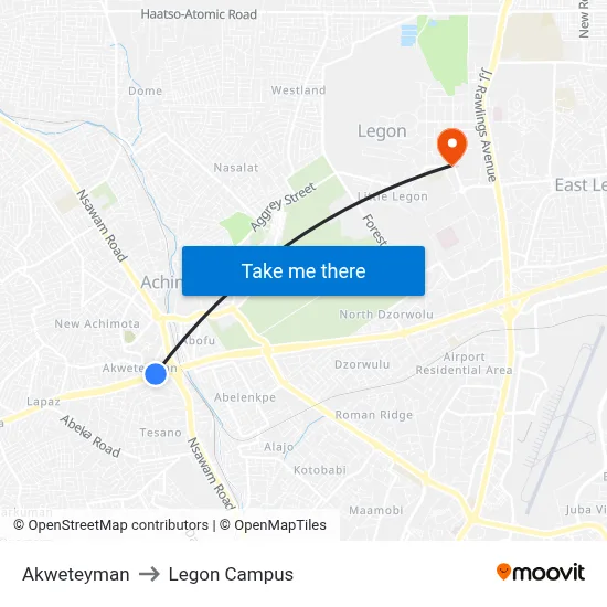 Akweteyman to Legon Campus map