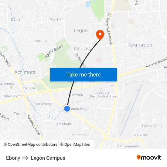 Ebony to Legon Campus map