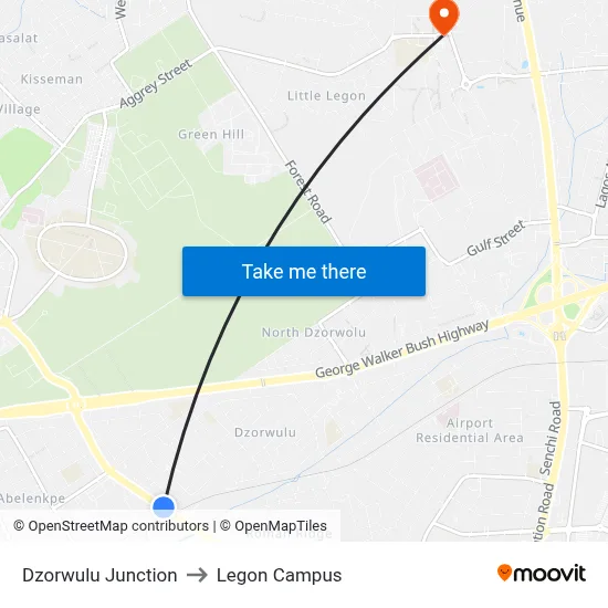 Dzorwulu Junction to Legon Campus map