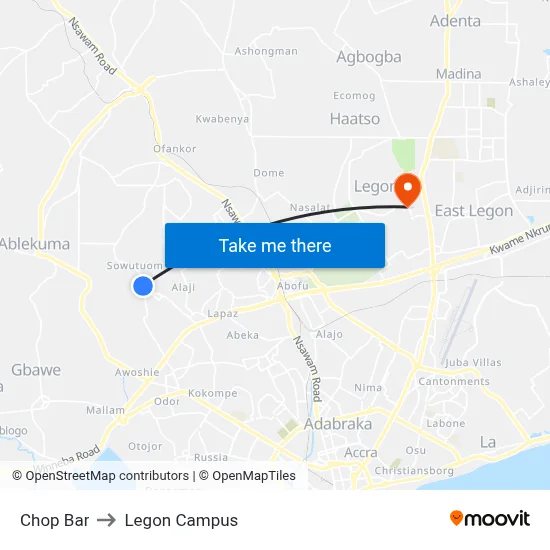 Chop Bar to Legon Campus map