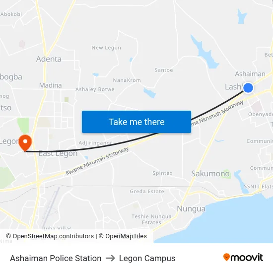Ashaiman Police Station to Legon Campus map
