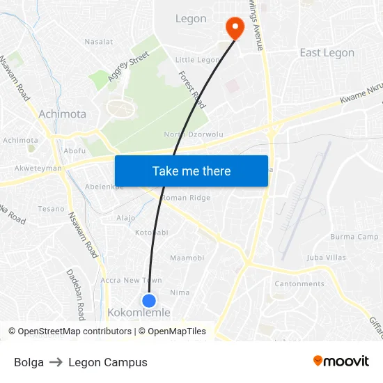 Bolga to Legon Campus map