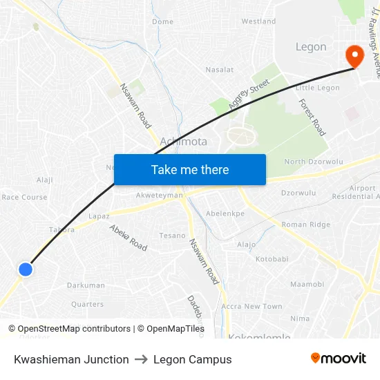 Kwashieman Junction to Legon Campus map